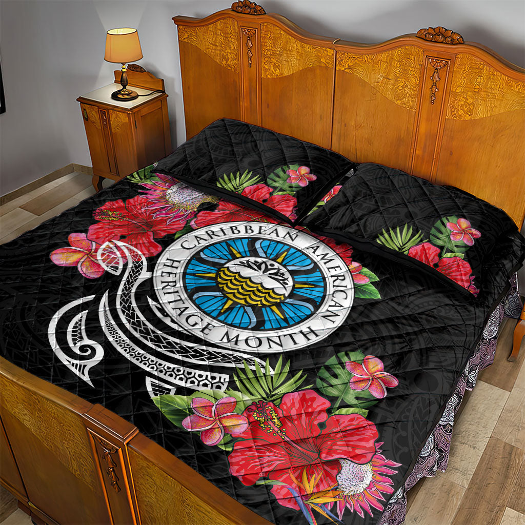 Caribbean American Heritage Month Quilt Bed Set Tropical Hibiscus Flower Tribal Tattoo
