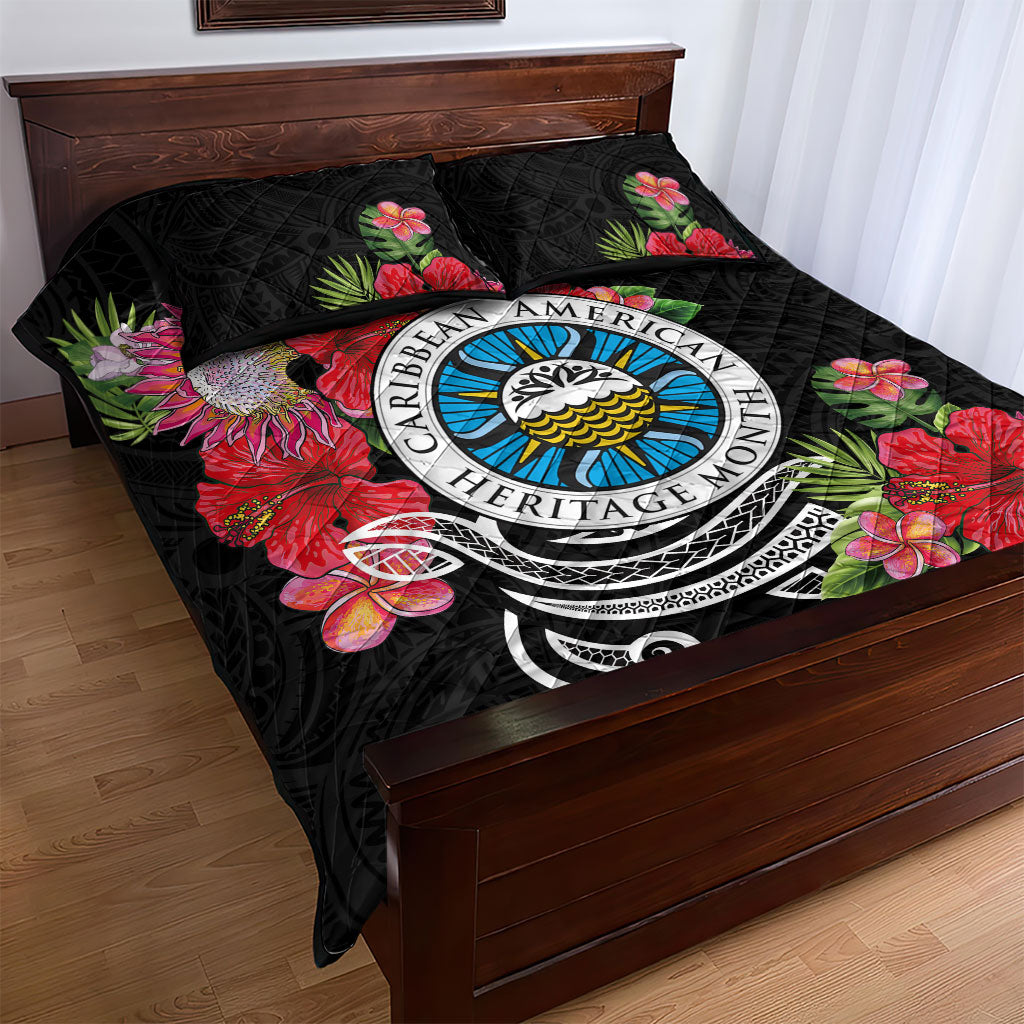 Caribbean American Heritage Month Quilt Bed Set Tropical Hibiscus Flower Tribal Tattoo