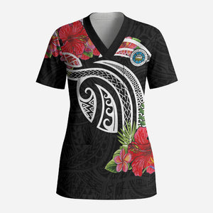 Caribbean American Heritage Month Scrub Top Tropical Hibiscus Flower Tribal Tattoo