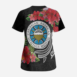 Caribbean American Heritage Month Scrub Top Tropical Hibiscus Flower Tribal Tattoo