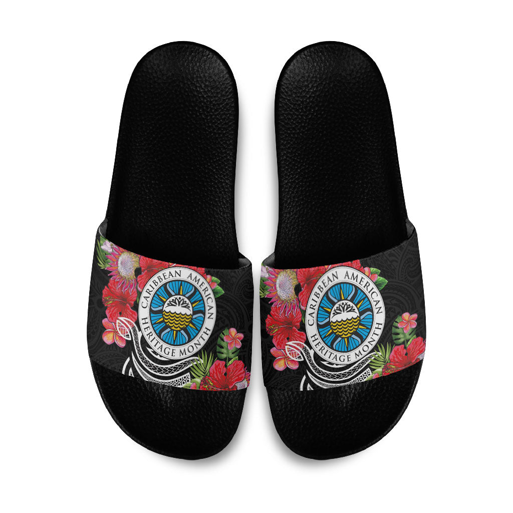 Caribbean American Heritage Month Slide Sandals Tropical Hibiscus Flower Tribal Tattoo