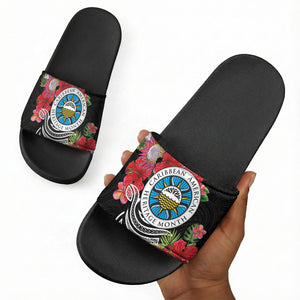 Caribbean American Heritage Month Slide Sandals Tropical Hibiscus Flower Tribal Tattoo