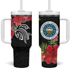 Caribbean American Heritage Month Tumbler With Handle Tropical Hibiscus Flower Tribal Tattoo