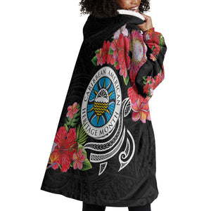 Caribbean American Heritage Month Wearable Blanket Hoodie Tropical Hibiscus Flower Tribal Tattoo