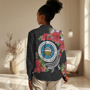 Caribbean American Heritage Month Women Casual Shirt Tropical Hibiscus Flower Tribal Tattoo