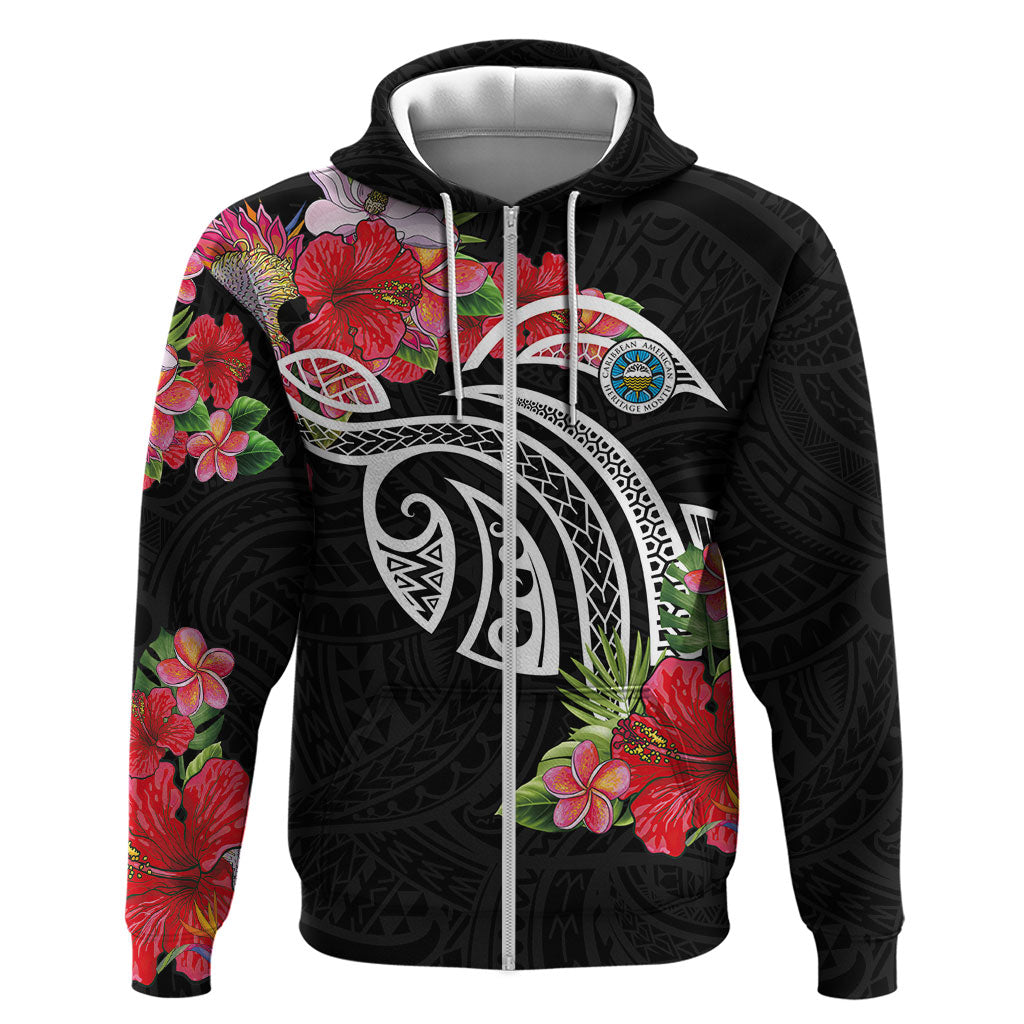 Caribbean American Heritage Month Zip Hoodie Tropical Hibiscus Flower Tribal Tattoo