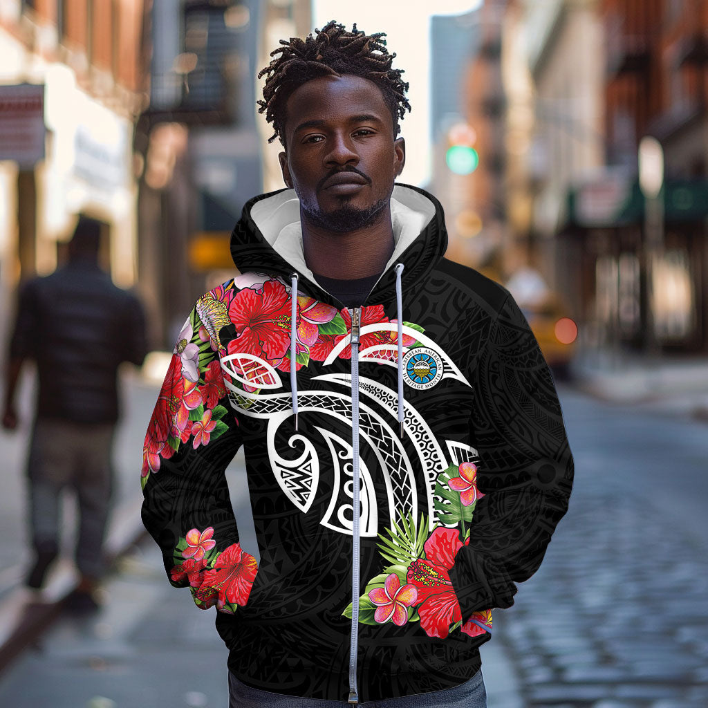 Caribbean American Heritage Month Zip Hoodie Tropical Hibiscus Flower Tribal Tattoo