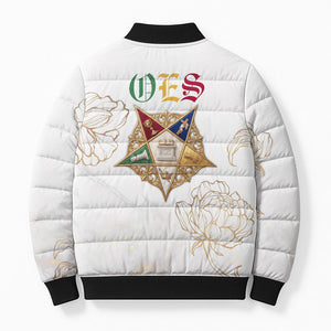 Order Of The Eastern Star Bomber Puffer Jacket OES Elegant Floral Line Art Fraternal Symbolism