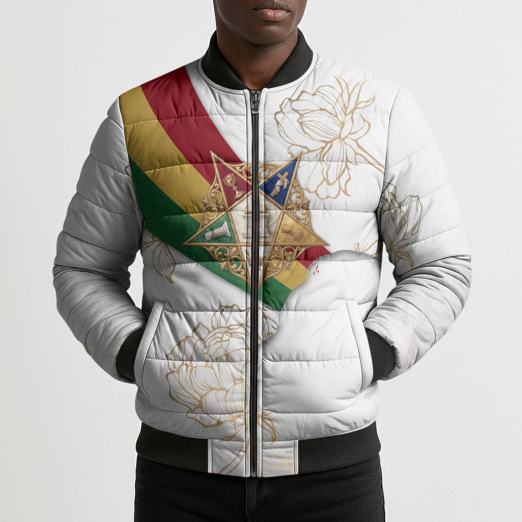Order Of The Eastern Star Bomber Puffer Jacket OES Elegant Floral Line Art Fraternal Symbolism