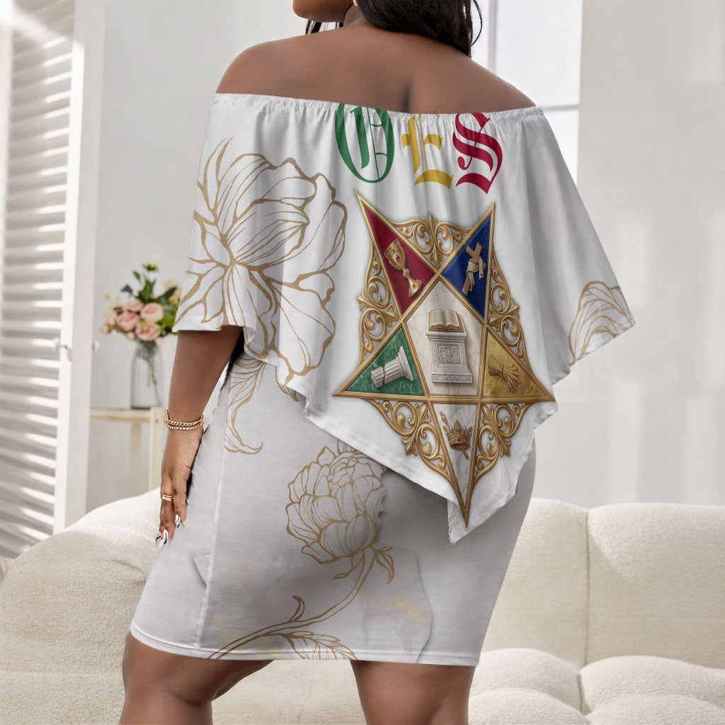 Order Of The Eastern Star Off Shoulder Short Dress OES Elegant Floral Line Art Fraternal Symbolism