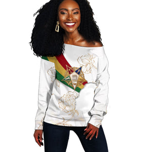 Order Of The Eastern Star Off Shoulder Sweater OES Elegant Floral Line Art Fraternal Symbolism