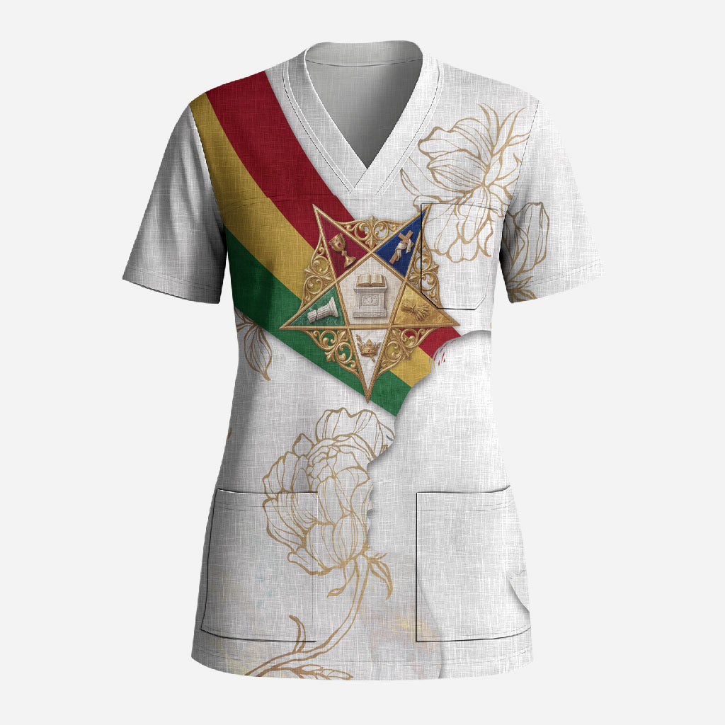 Order Of The Eastern Star Scrub Top OES Elegant Floral Line Art Fraternal Symbolism