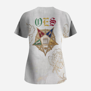 Order Of The Eastern Star Scrub Top OES Elegant Floral Line Art Fraternal Symbolism