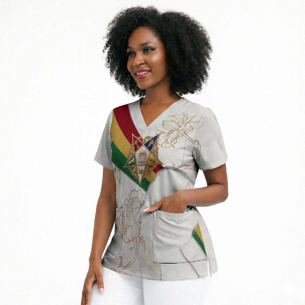 Order Of The Eastern Star Scrub Top OES Elegant Floral Line Art Fraternal Symbolism
