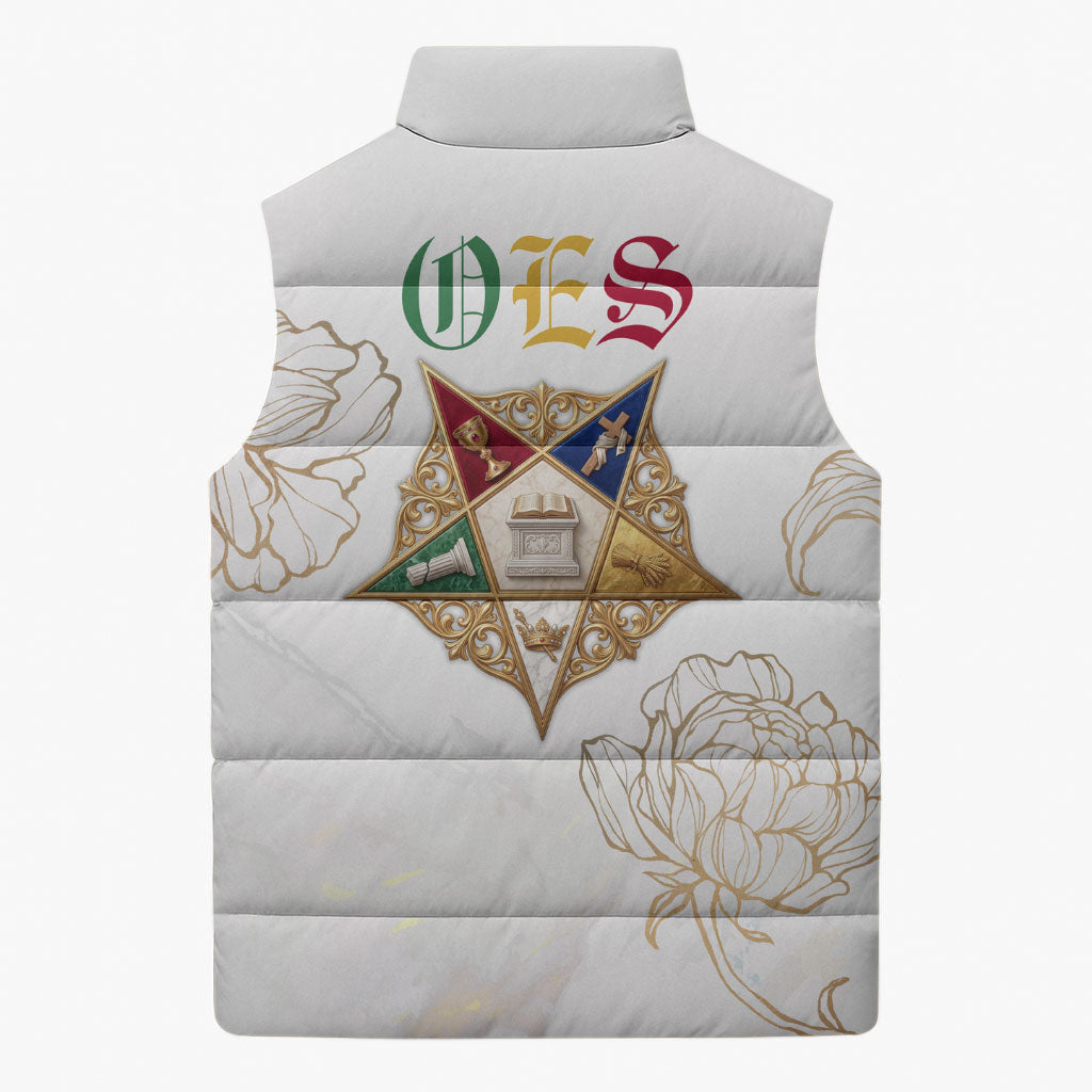 Order Of The Eastern Star Sleeveless Puffer Jacket OES Elegant Floral Line Art Fraternal Symbolism