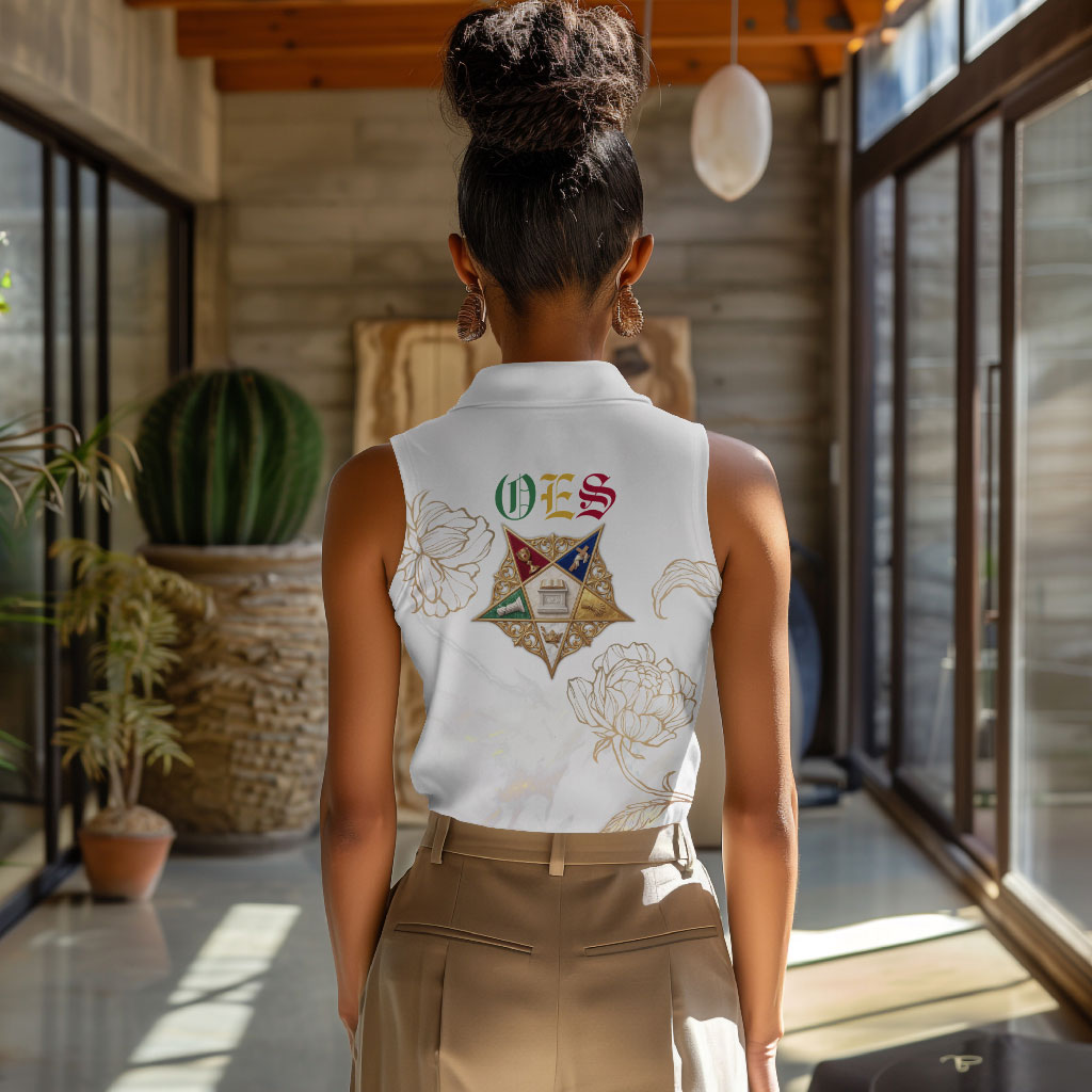 Order Of The Eastern Star Women Sleeveless Polo Shirt OES Elegant Floral Line Art Fraternal Symbolism
