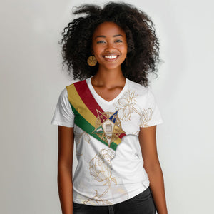 Order Of The Eastern Star Women V-Neck T-Shirt OES Elegant Floral Line Art Fraternal Symbolism