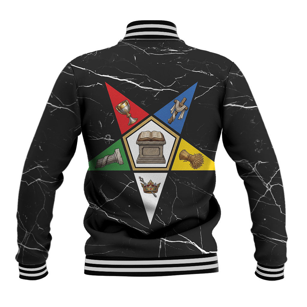 OES Order Of The Eastern Star Baseball Jacket Five Pointed Star Emblem On Black Marble Texture