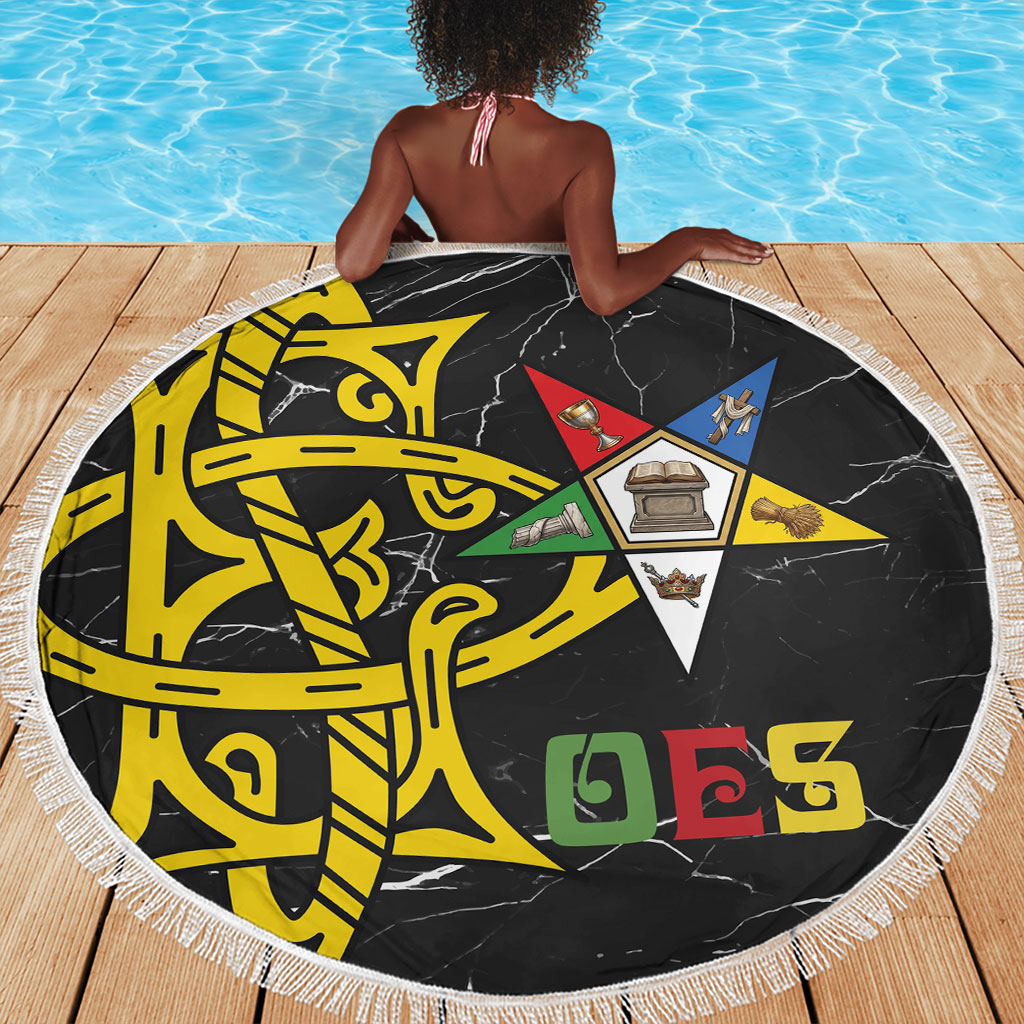 OES Order Of The Eastern Star Beach Blanket Five Pointed Star Emblem On Black Marble Texture