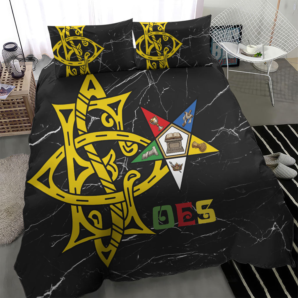 OES Order Of The Eastern Star Bedding Set Five Pointed Star Emblem On Black Marble Texture
