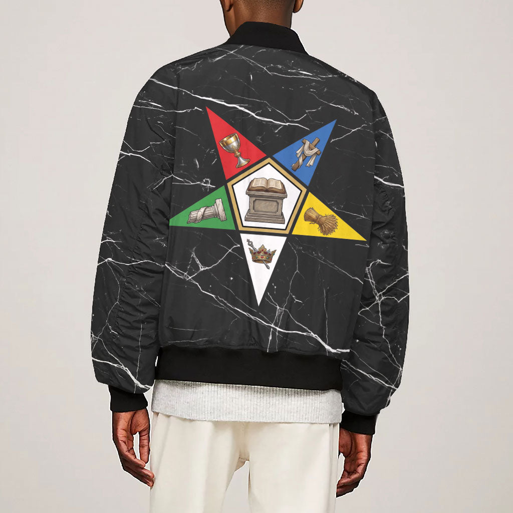 OES Order Of The Eastern Star Bomber Jacket Five Pointed Star Emblem On Black Marble Texture
