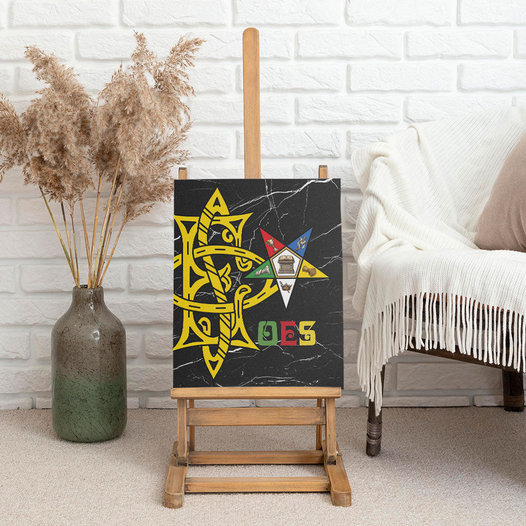 OES Order Of The Eastern Star Canvas Wall Art Five Pointed Star Emblem On Black Marble Texture