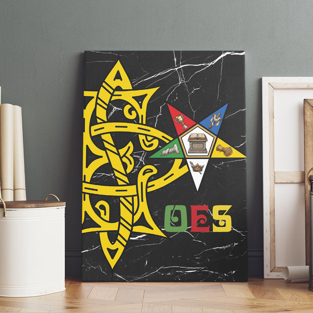 OES Order Of The Eastern Star Canvas Wall Art Five Pointed Star Emblem On Black Marble Texture