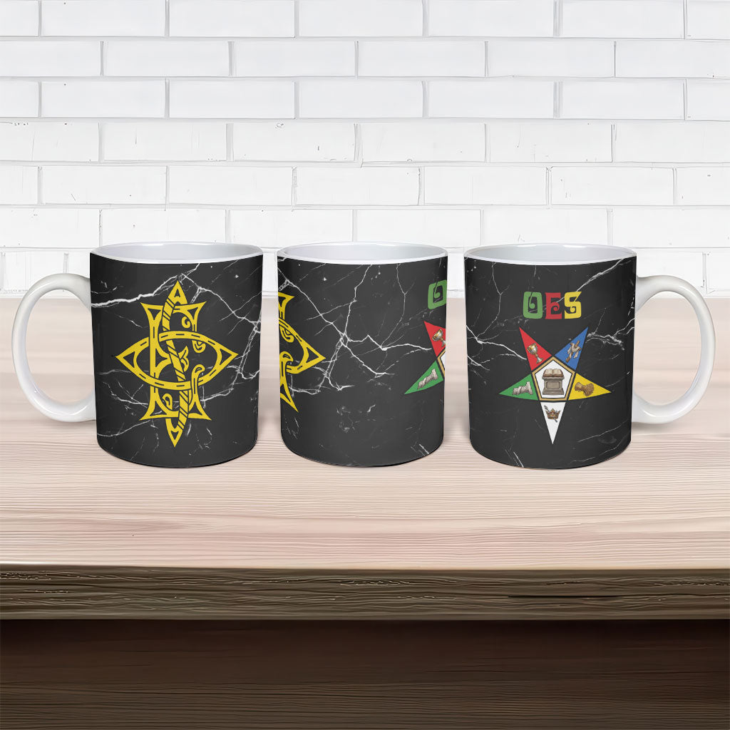 OES Order Of The Eastern Star Ceramic Mug Five Pointed Star Emblem On Black Marble Texture