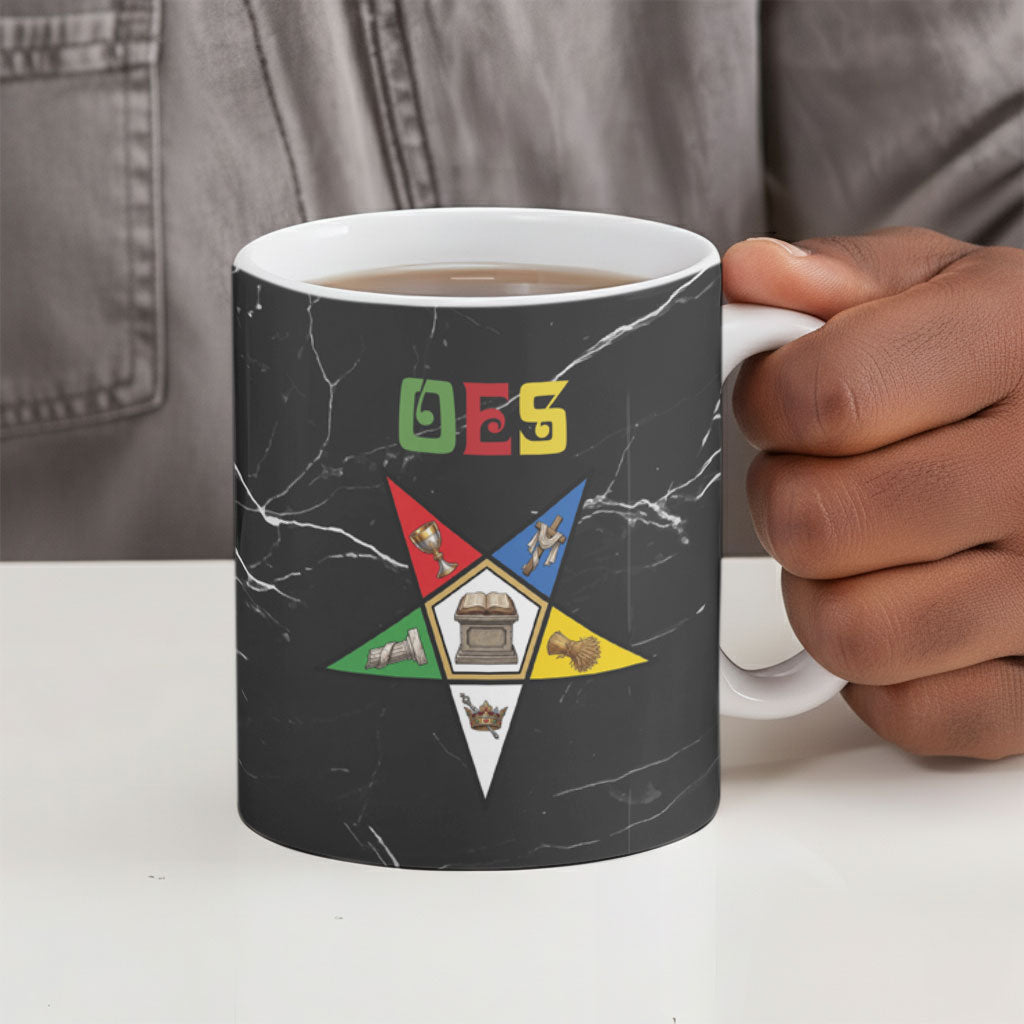 OES Order Of The Eastern Star Ceramic Mug Five Pointed Star Emblem On Black Marble Texture