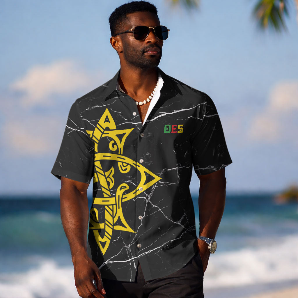 OES Order Of The Eastern Star Hawaiian Shirt Five Pointed Star Emblem On Black Marble Texture