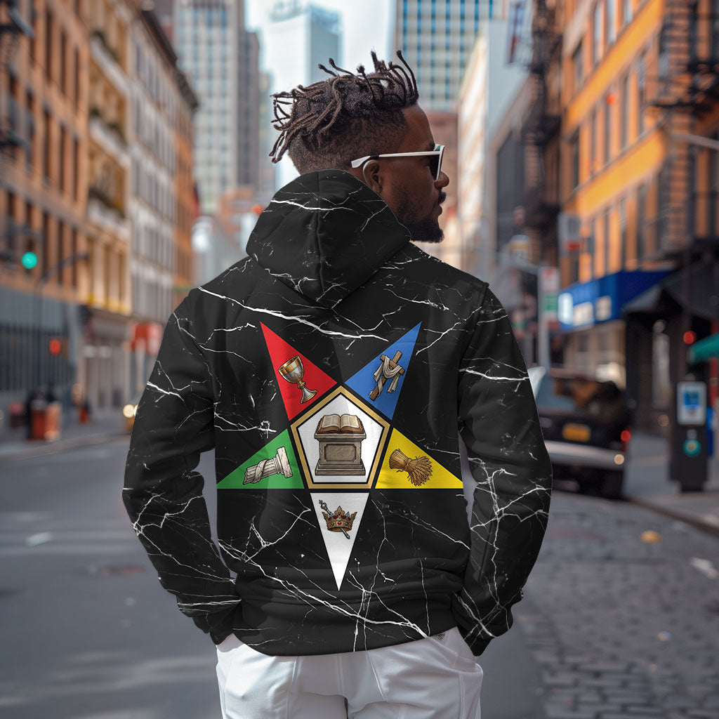OES Order Of The Eastern Star Hoodie Five Pointed Star Emblem On Black Marble Texture
