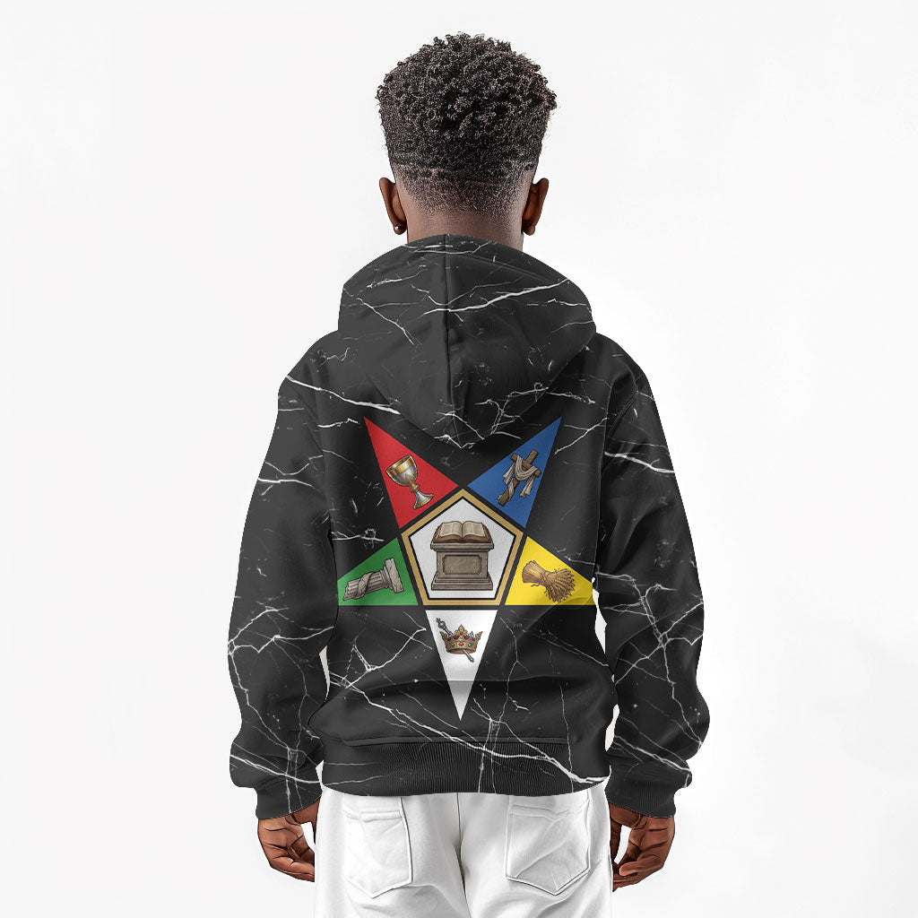 OES Order Of The Eastern Star Kid Hoodie Five Pointed Star Emblem On Black Marble Texture