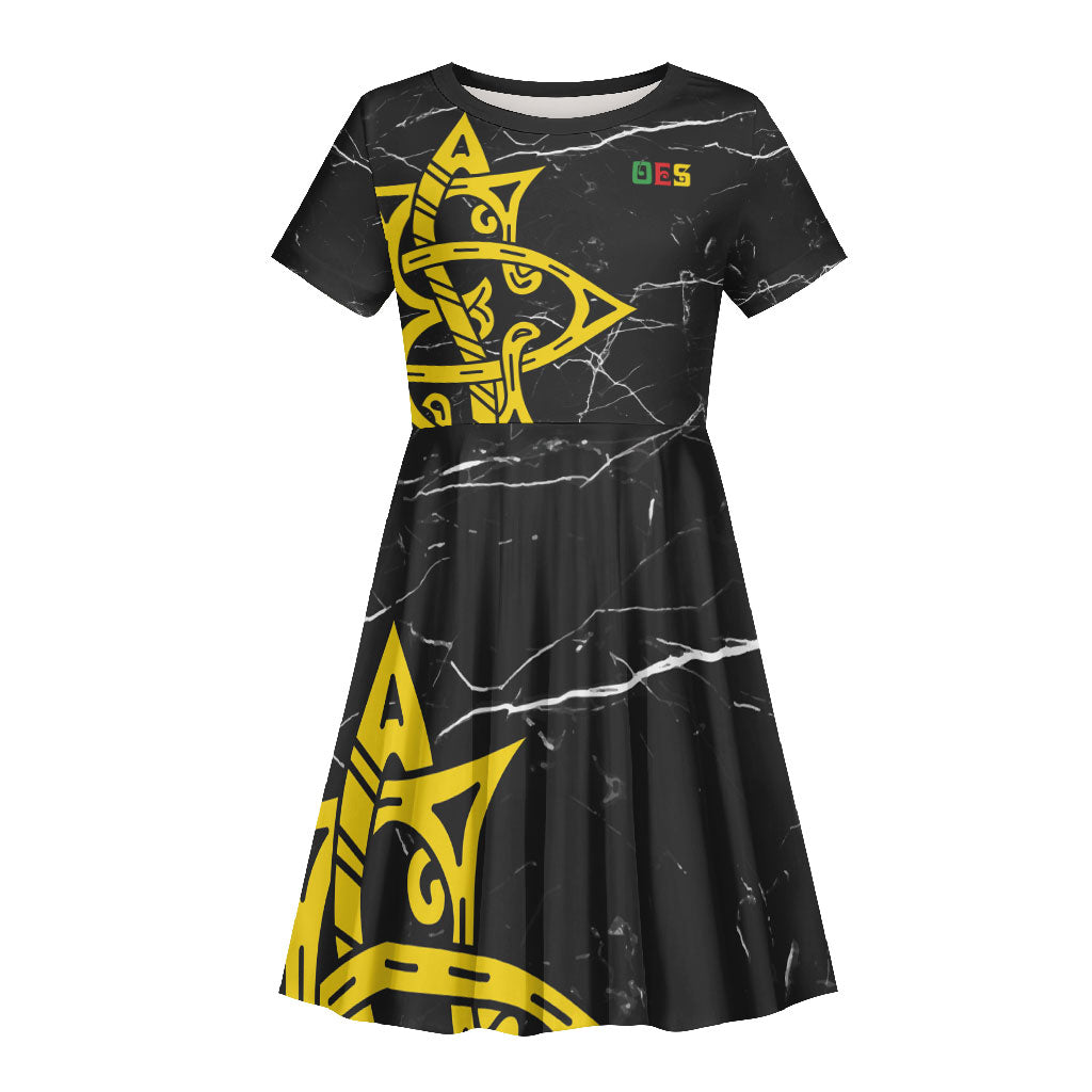 OES Order Of The Eastern Star Kid Short Sleeve Dress Five Pointed Star Emblem On Black Marble Texture
