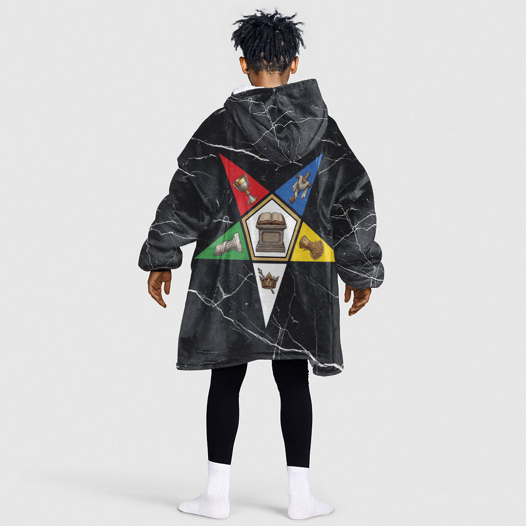 OES Order Of The Eastern Star Kid Wearable Blanket Hoodie Five Pointed Star Emblem On Black Marble Texture