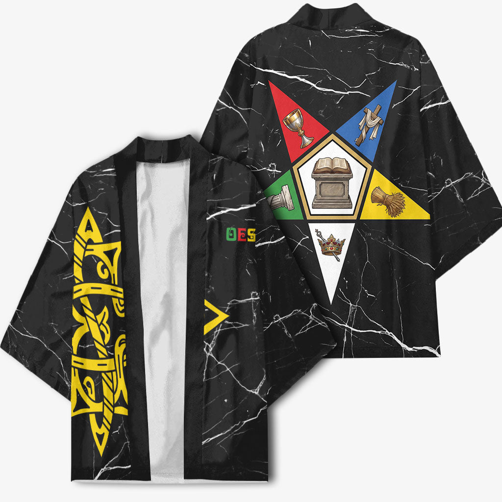 OES Order Of The Eastern Star Kimono Five Pointed Star Emblem On Black Marble Texture