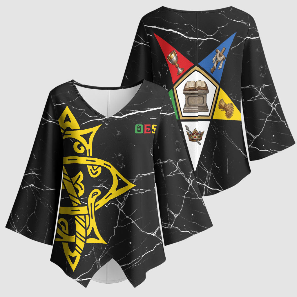 OES Order Of The Eastern Star Kimono Sleeve Blouse Five Pointed Star Emblem On Black Marble Texture