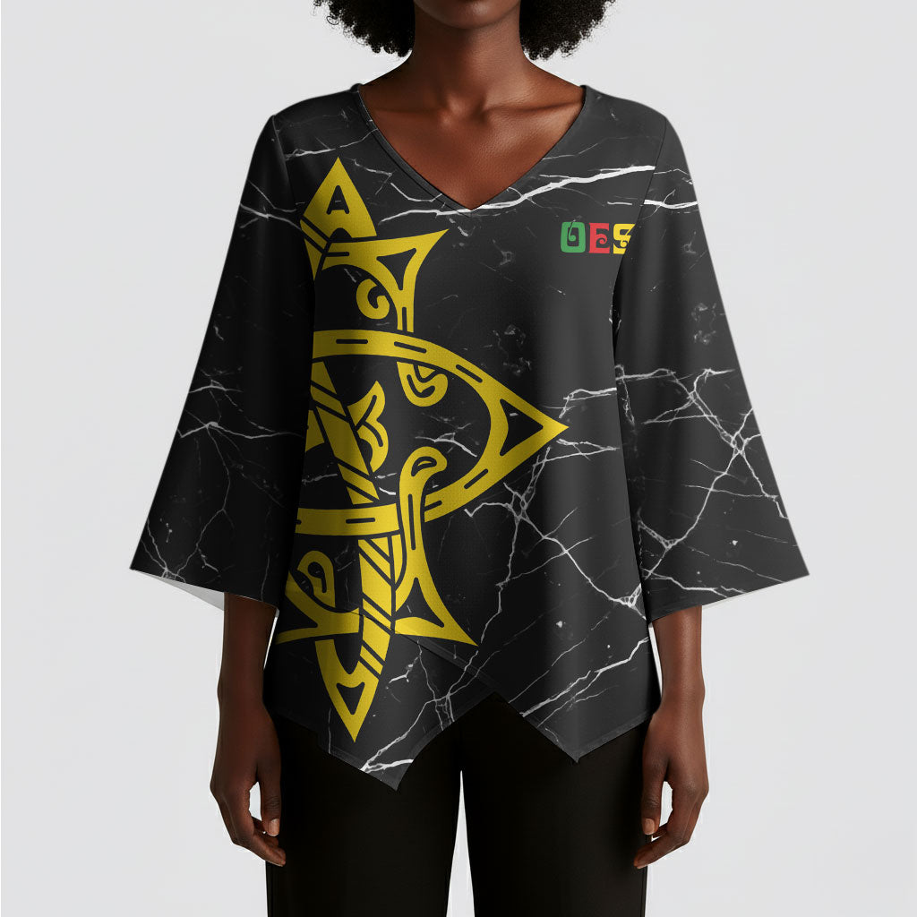 OES Order Of The Eastern Star Kimono Sleeve Blouse Five Pointed Star Emblem On Black Marble Texture