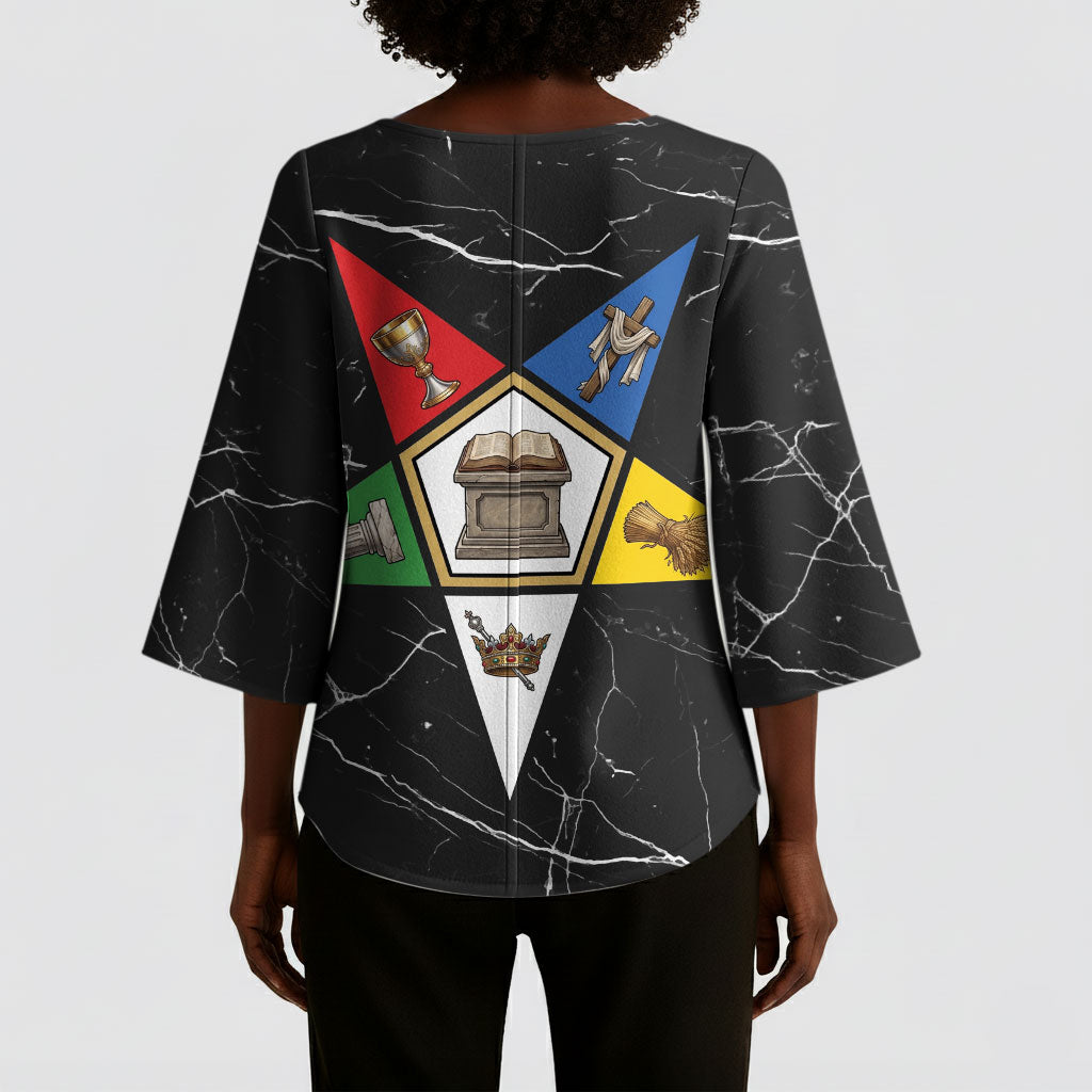 OES Order Of The Eastern Star Kimono Sleeve Blouse Five Pointed Star Emblem On Black Marble Texture
