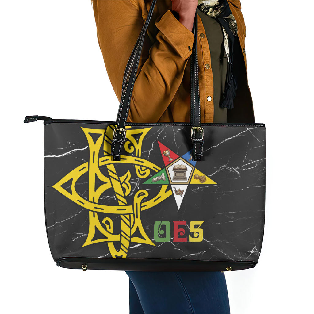 OES Order Of The Eastern Star Leather Tote Bag Five Pointed Star Emblem On Black Marble Texture