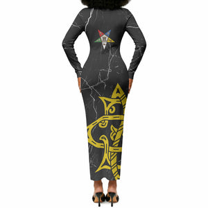 OES Order Of The Eastern Star Long Sleeve Bodycon Dress Five Pointed Star Emblem On Black Marble Texture