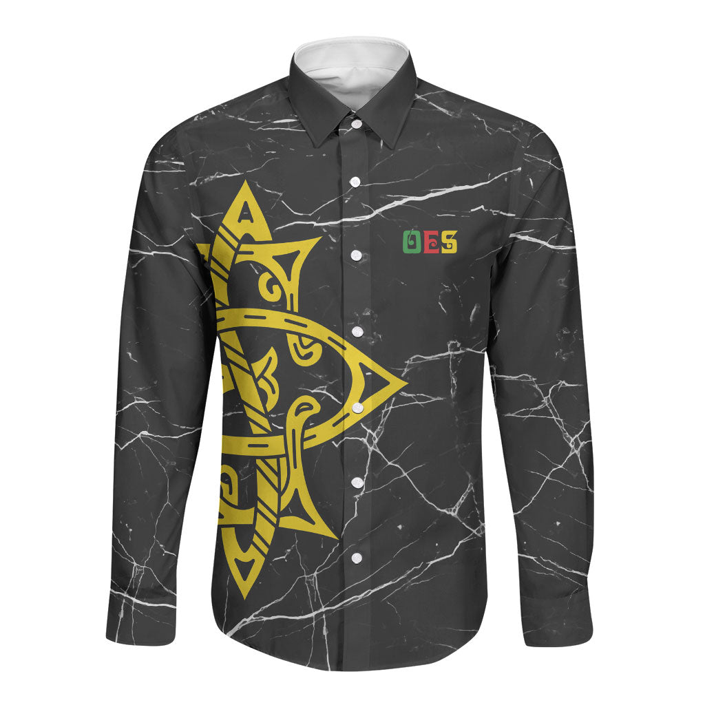 OES Order Of The Eastern Star Long Sleeve Button Shirt Five Pointed Star Emblem On Black Marble Texture