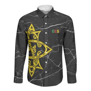 OES Order Of The Eastern Star Long Sleeve Button Shirt Five Pointed Star Emblem On Black Marble Texture