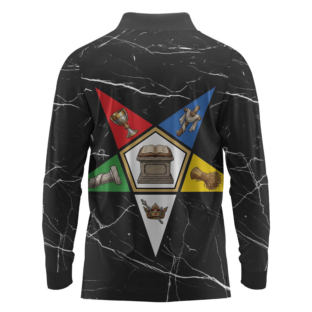 OES Order Of The Eastern Star Long Sleeve Polo Shirt Five Pointed Star Emblem On Black Marble Texture