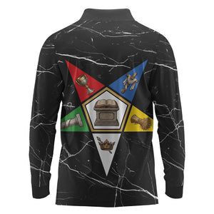 OES Order Of The Eastern Star Long Sleeve Polo Shirt Five Pointed Star Emblem On Black Marble Texture