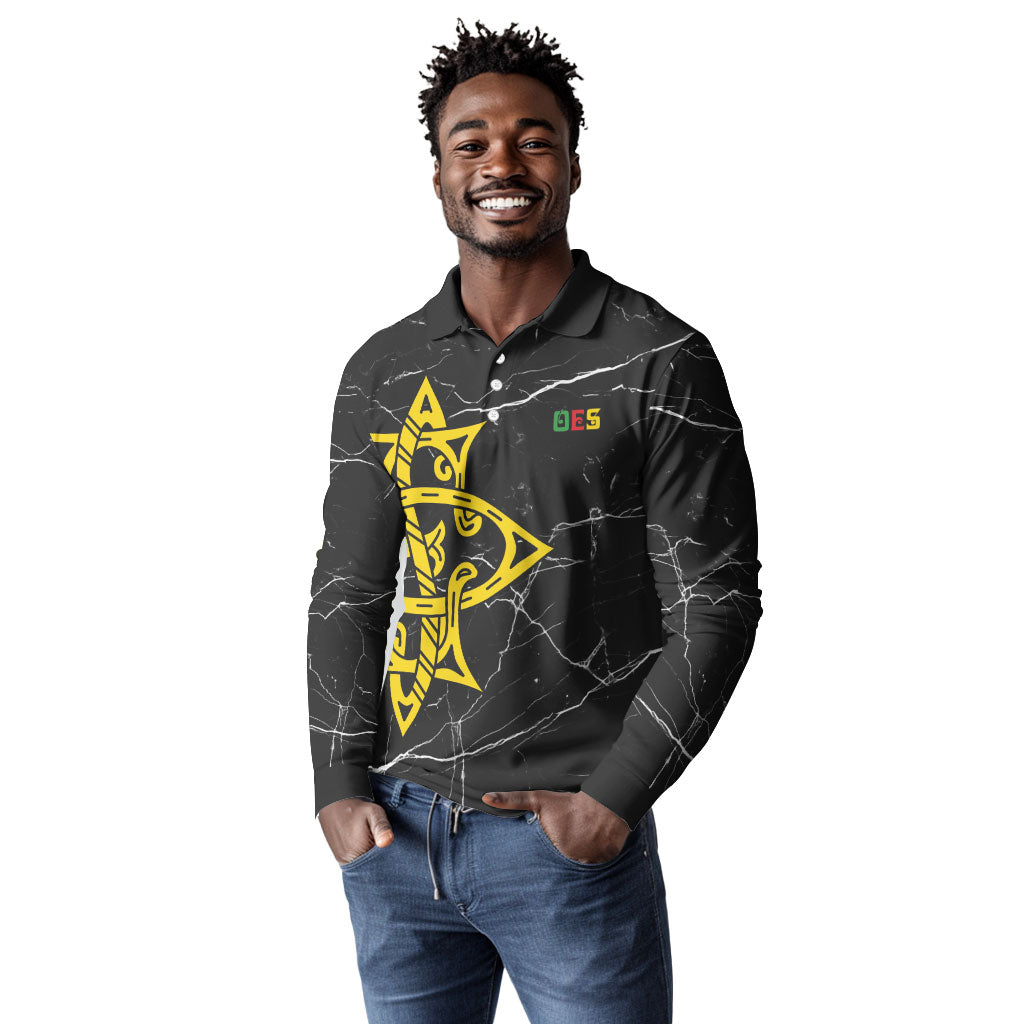 OES Order Of The Eastern Star Long Sleeve Polo Shirt Five Pointed Star Emblem On Black Marble Texture