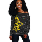 OES Order Of The Eastern Star Off Shoulder Sweater Five Pointed Star Emblem On Black Marble Texture