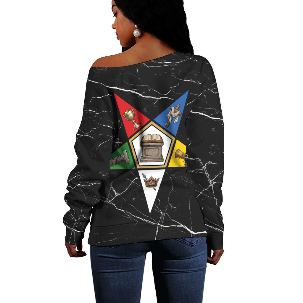 OES Order Of The Eastern Star Off Shoulder Sweater Five Pointed Star Emblem On Black Marble Texture