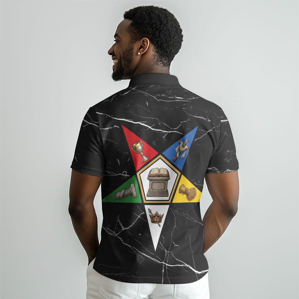 OES Order Of The Eastern Star Polo Shirt Five Pointed Star Emblem On Black Marble Texture