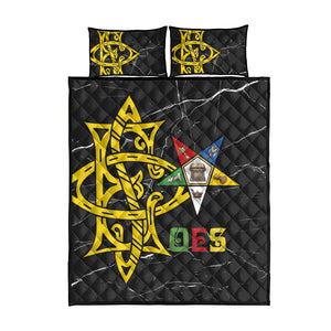 OES Order Of The Eastern Star Quilt Bed Set Five Pointed Star Emblem On Black Marble Texture