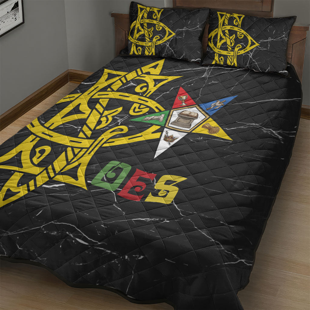 OES Order Of The Eastern Star Quilt Bed Set Five Pointed Star Emblem On Black Marble Texture
